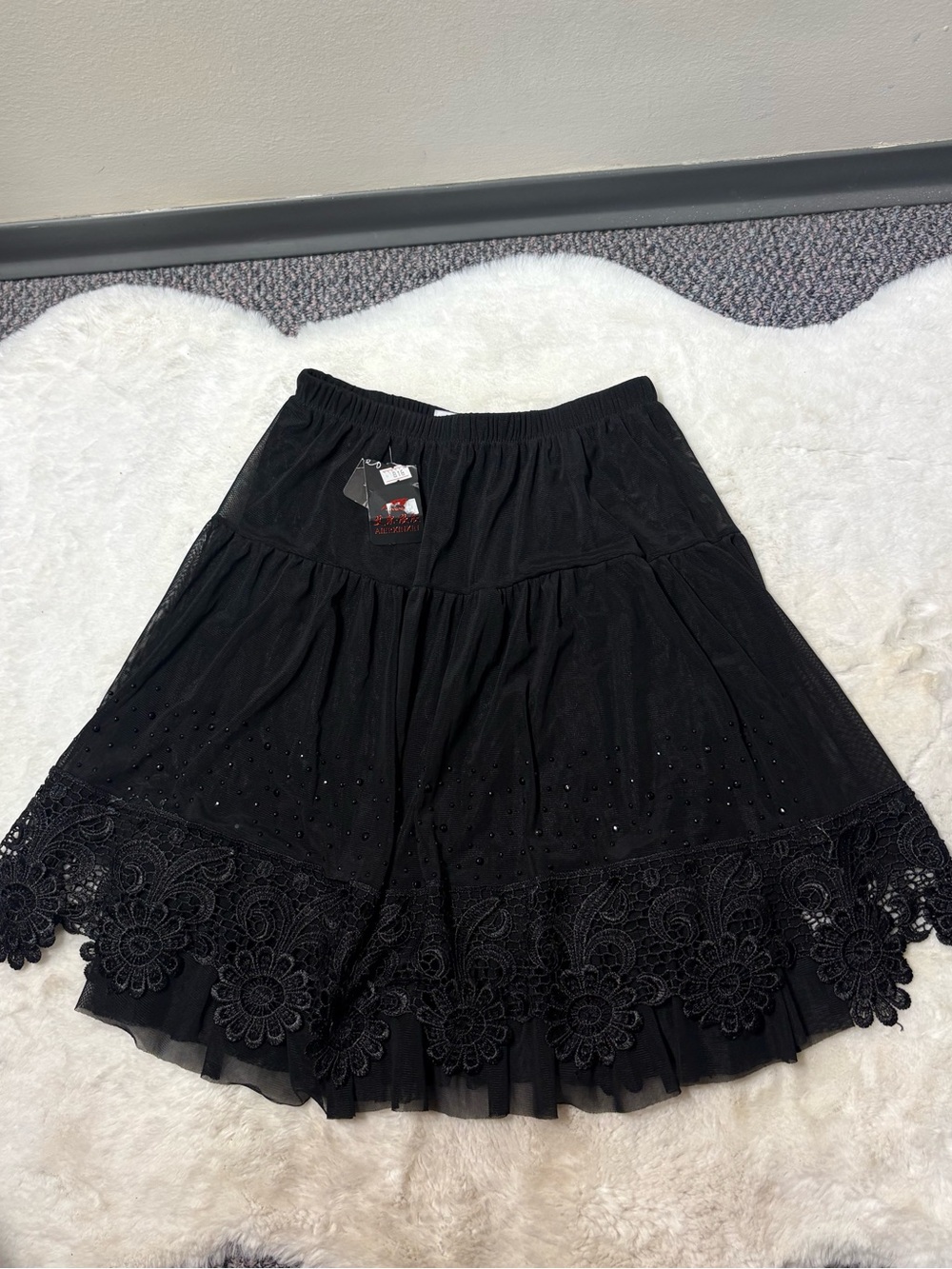 Angela Black Mini Skirt with Lace Hem and Bead Accents
